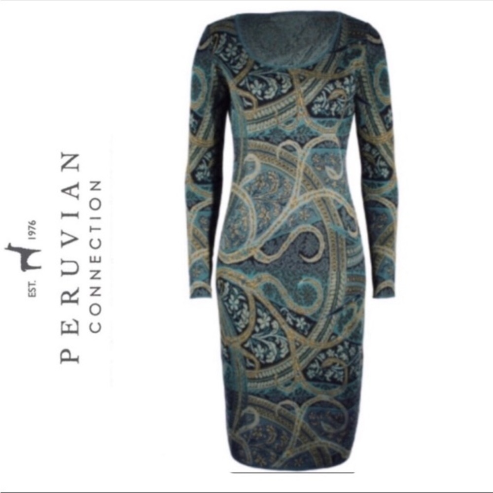 Peruvian Connection Kashmiri Paisley Sweater Dress Size M Green Pima Cotton